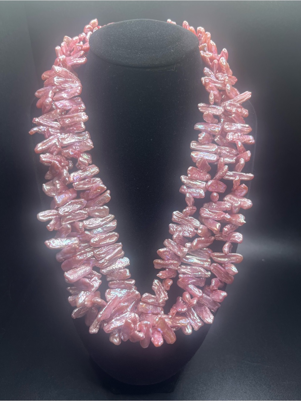 Pink Dyed Freshwater Stick Pearl Multi Strand Statement Necklace 20”